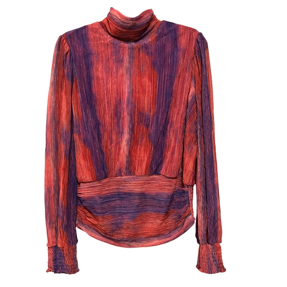 Bailey 44 Plissé Pleated Blouse Top‎ Red Purple Ombre Mock Neck Long Sleeve L